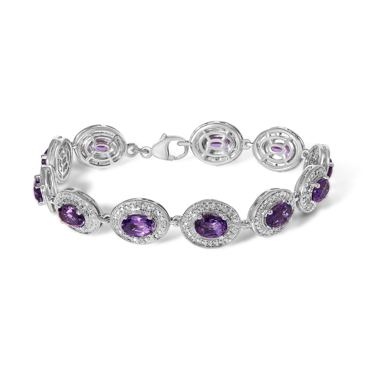 Pulsera de eslabones de plata esterlina con amatista ovalada púrpura de 5x7 MM y halo de diamantes