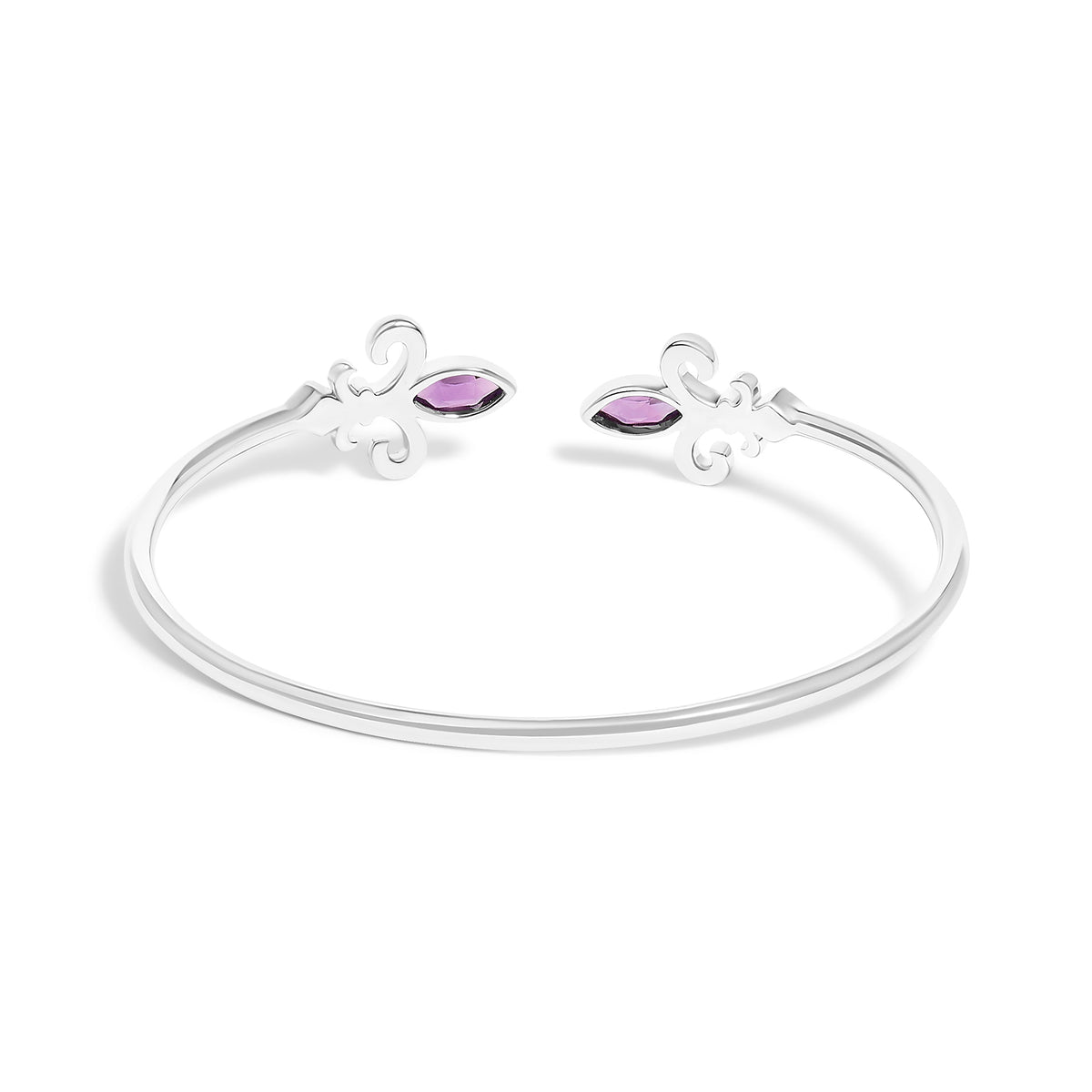 Pulsera abierta de plata de ley .925 con amatista morada marquesa de 8x4 mm y acento de diamante Fleur de Lis (color I-J, claridad I1-I2) - 7"