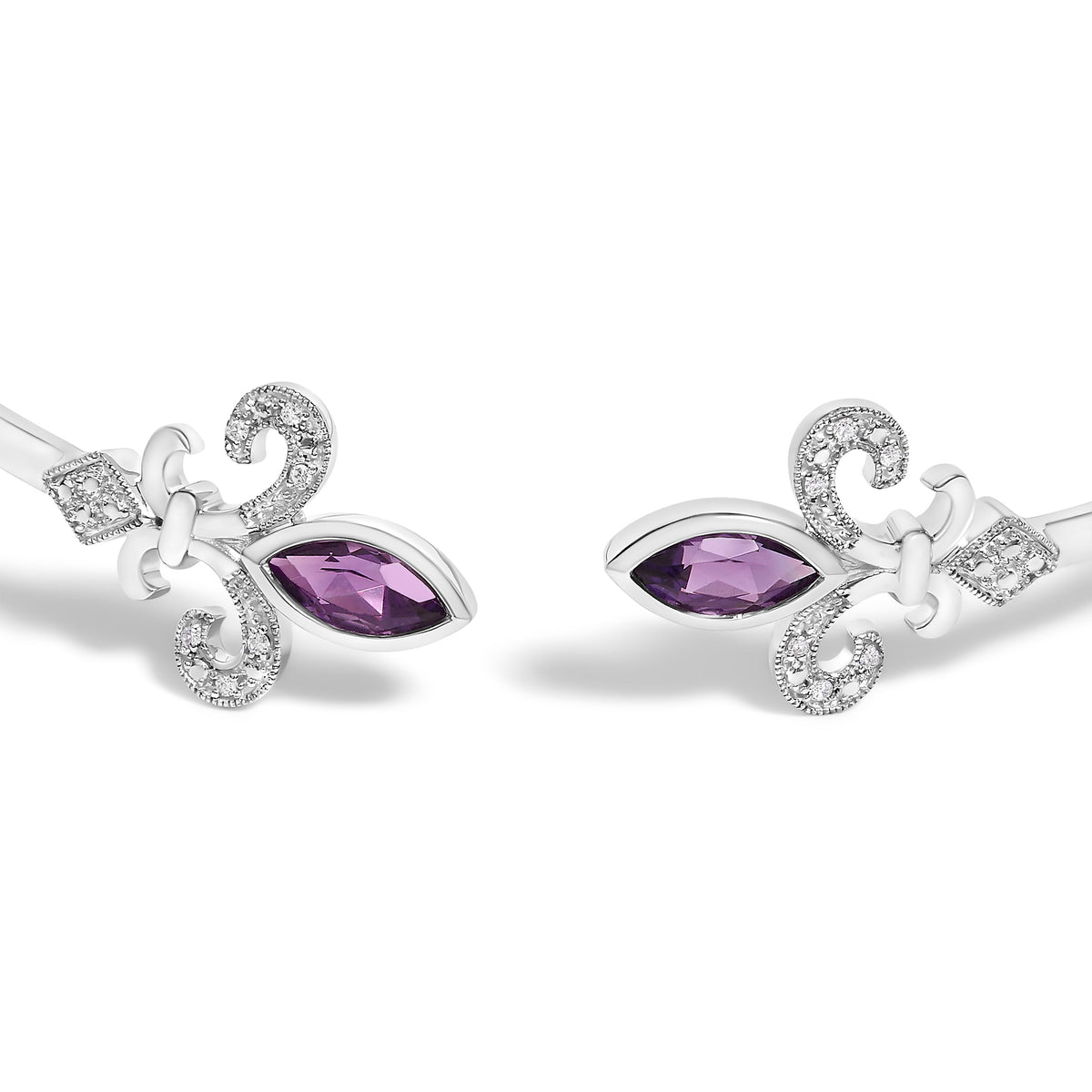 Pulsera abierta de plata de ley .925 con amatista morada marquesa de 8x4 mm y acento de diamante Fleur de Lis (color I-J, claridad I1-I2) - 7"