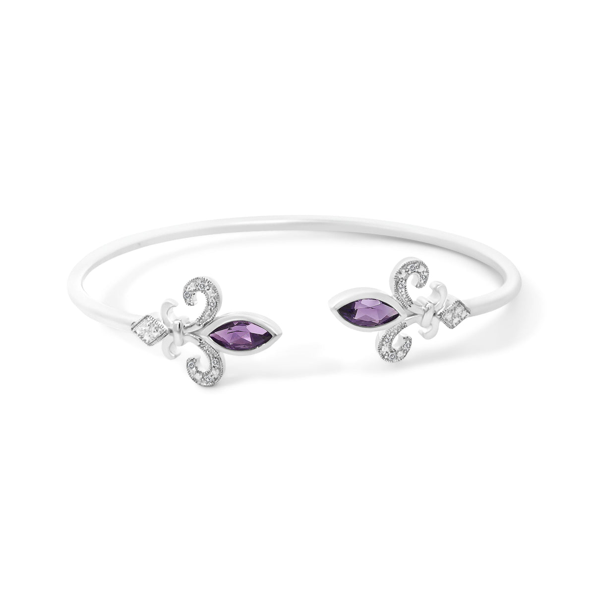 Pulsera abierta de plata de ley .925 con amatista morada marquesa de 8x4 mm y acento de diamante Fleur de Lis (color I-J, claridad I1-I2) - 7"
