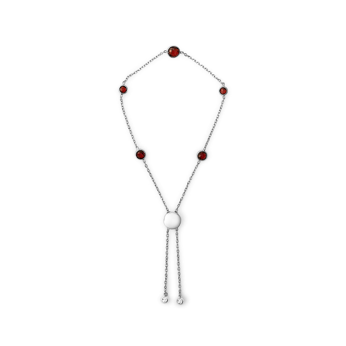 Pulsera ajustable tipo bolo de plata de ley .925 con 5 estaciones y granates rojos engastados