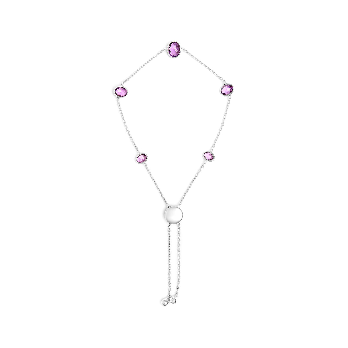 Brazalete bolo ajustable de plata de ley .925 con amatista púrpura engastada en bisel de 5 estaciones