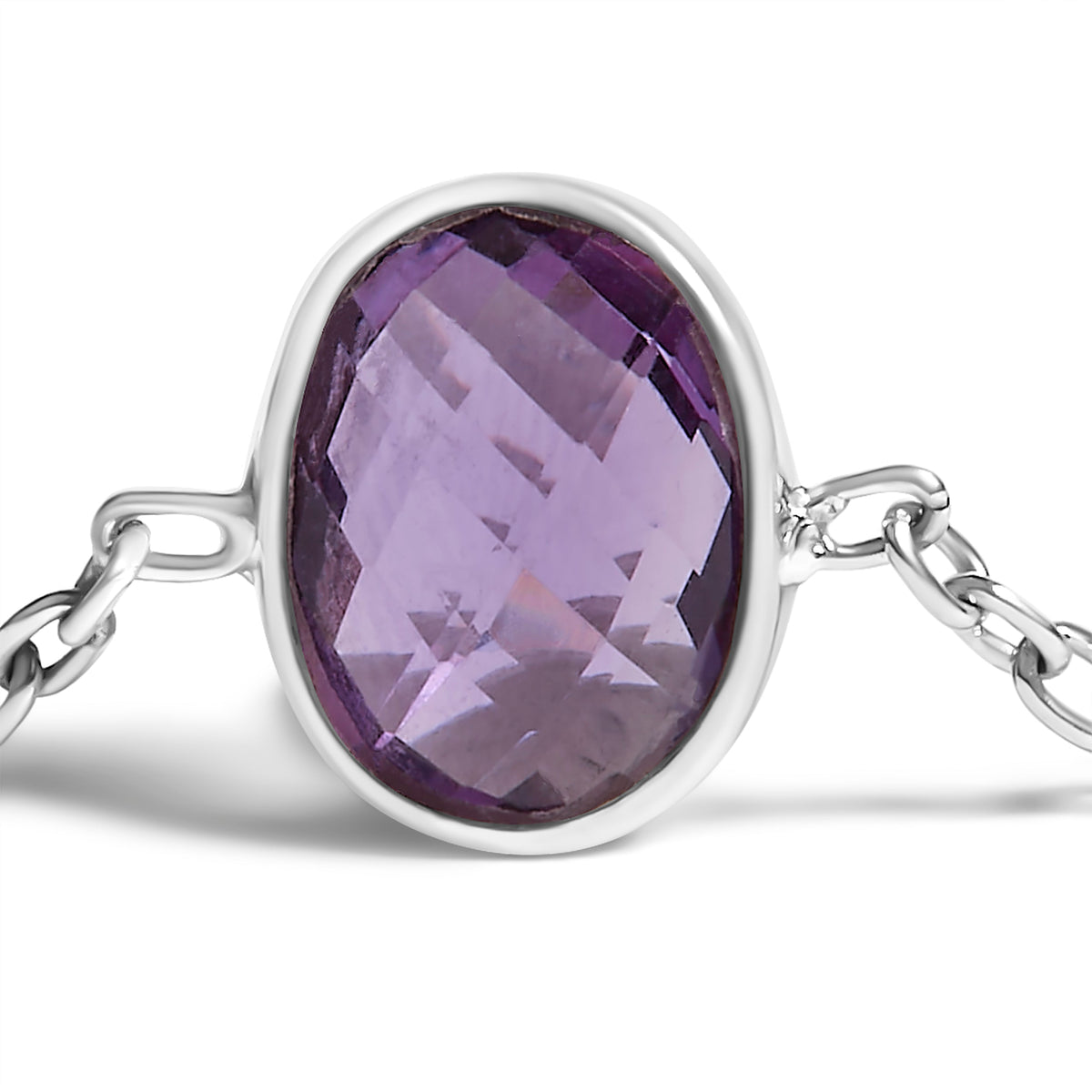 Brazalete bolo ajustable de plata de ley .925 con amatista púrpura engastada en bisel de 5 estaciones