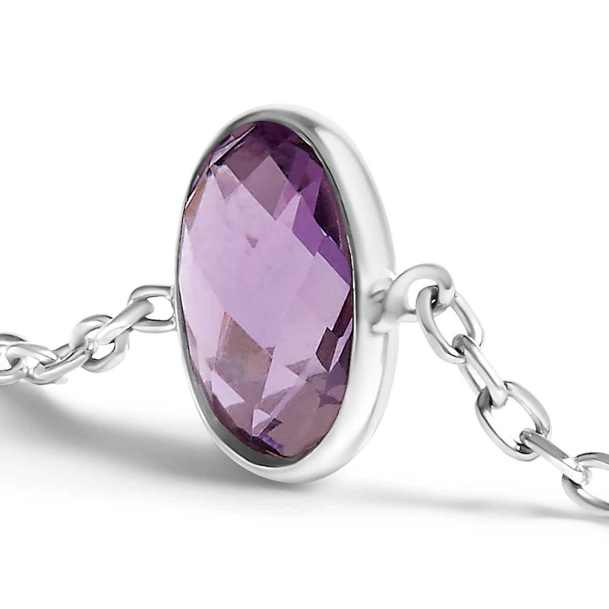 Brazalete bolo ajustable de plata de ley .925 con amatista púrpura engastada en bisel de 5 estaciones