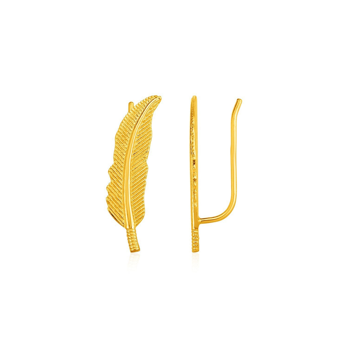 Pendientes Trepadores de Pluma Texturizada en Oro Amarillo de 14k