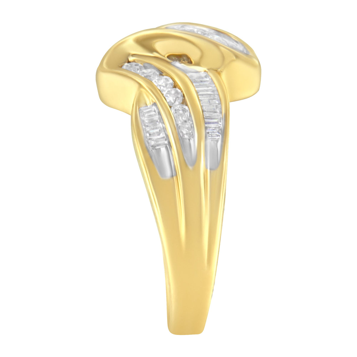 Anillo de derivación de doble vástago de oro amarillo de 10K con canal de 3/4 Cttw con diamantes redondos y talla baguette (color J-K, claridad I1-I2) - Talla 6.75