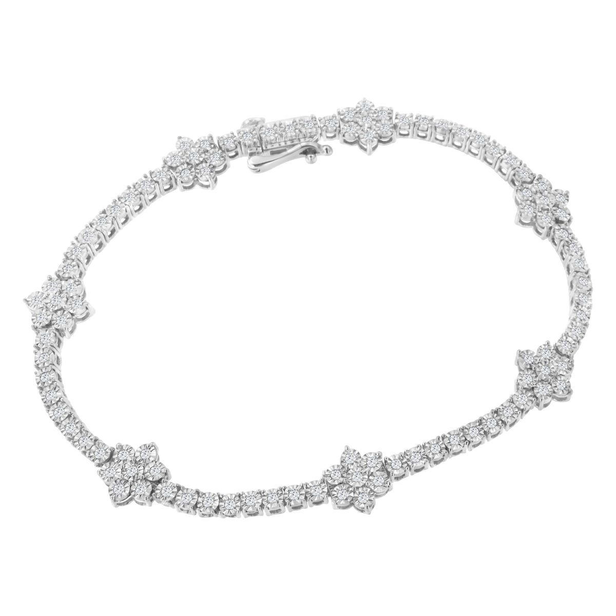 Pulsera de tenis con estación floral de plata de ley .925 con diamantes de 1.0 quilates con engaste milagroso (color I-J, claridad I3) - 7-1/2"