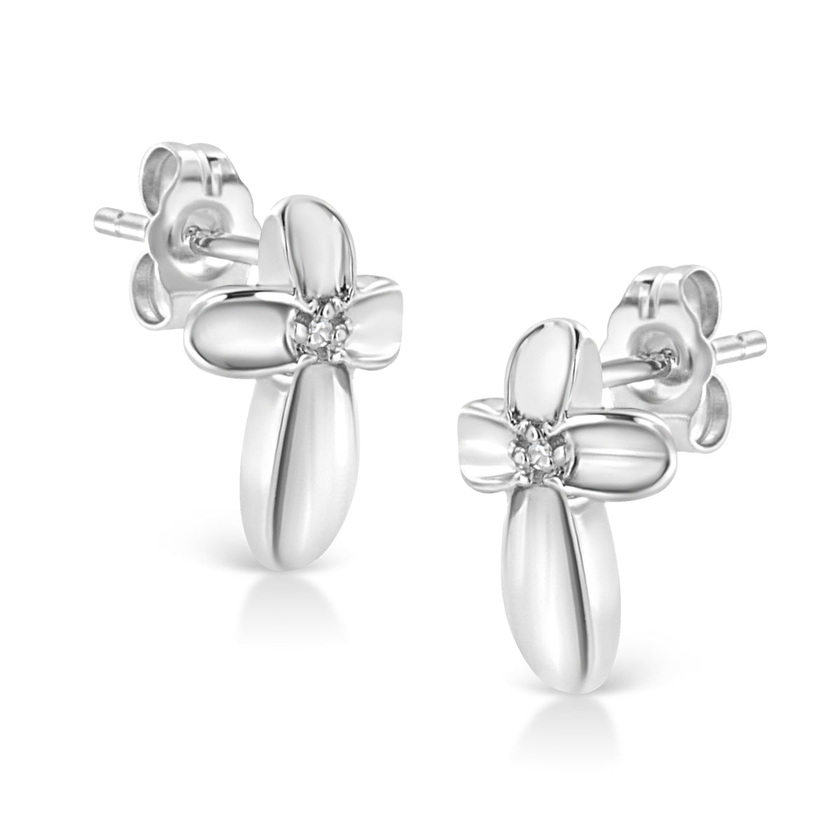 Arete de botón con cruz floral de acento de diamante engastado en plata de ley .925 (color I-J, claridad I1-I2)