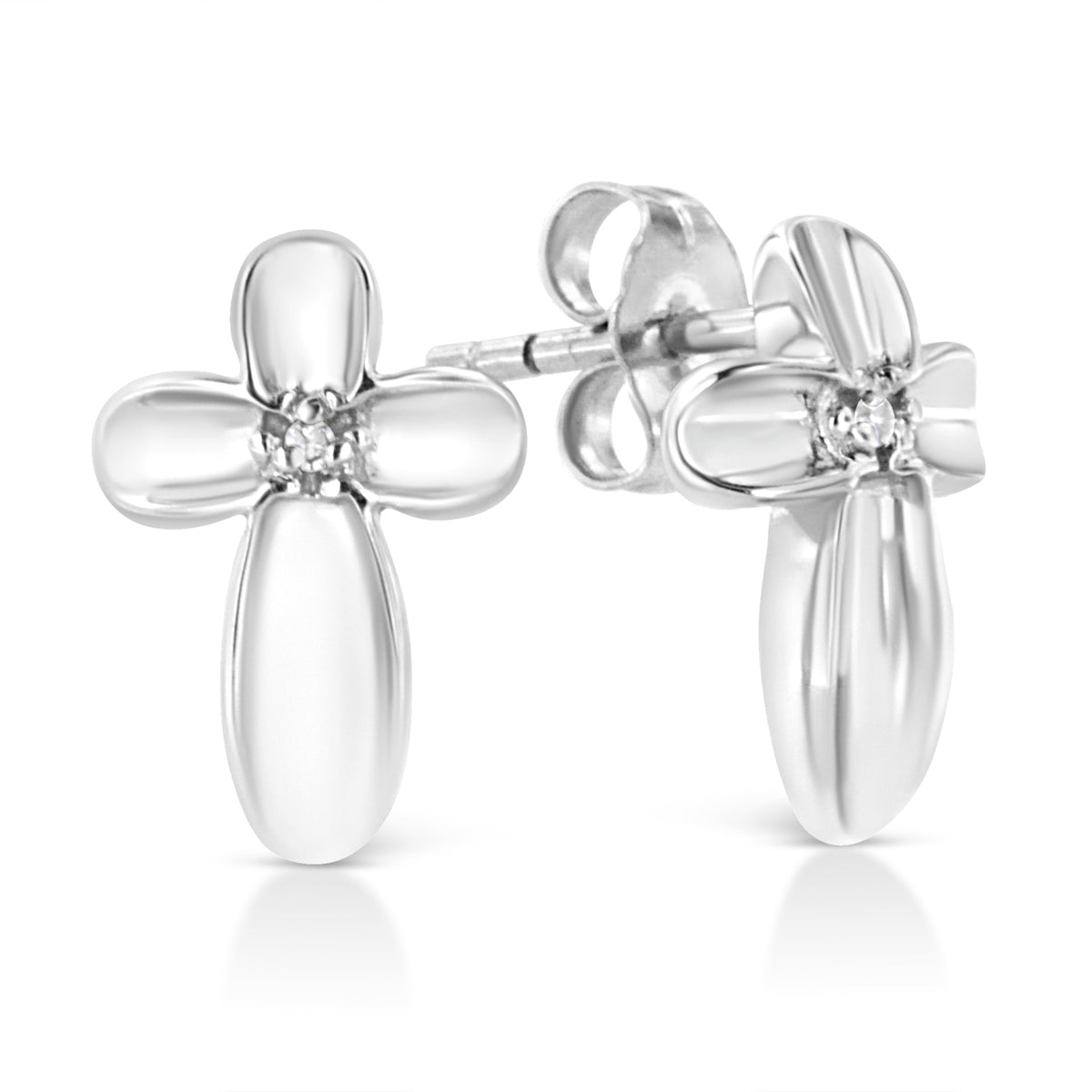 Arete de botón con cruz floral de acento de diamante engastado en plata de ley .925 (color I-J, claridad I1-I2)