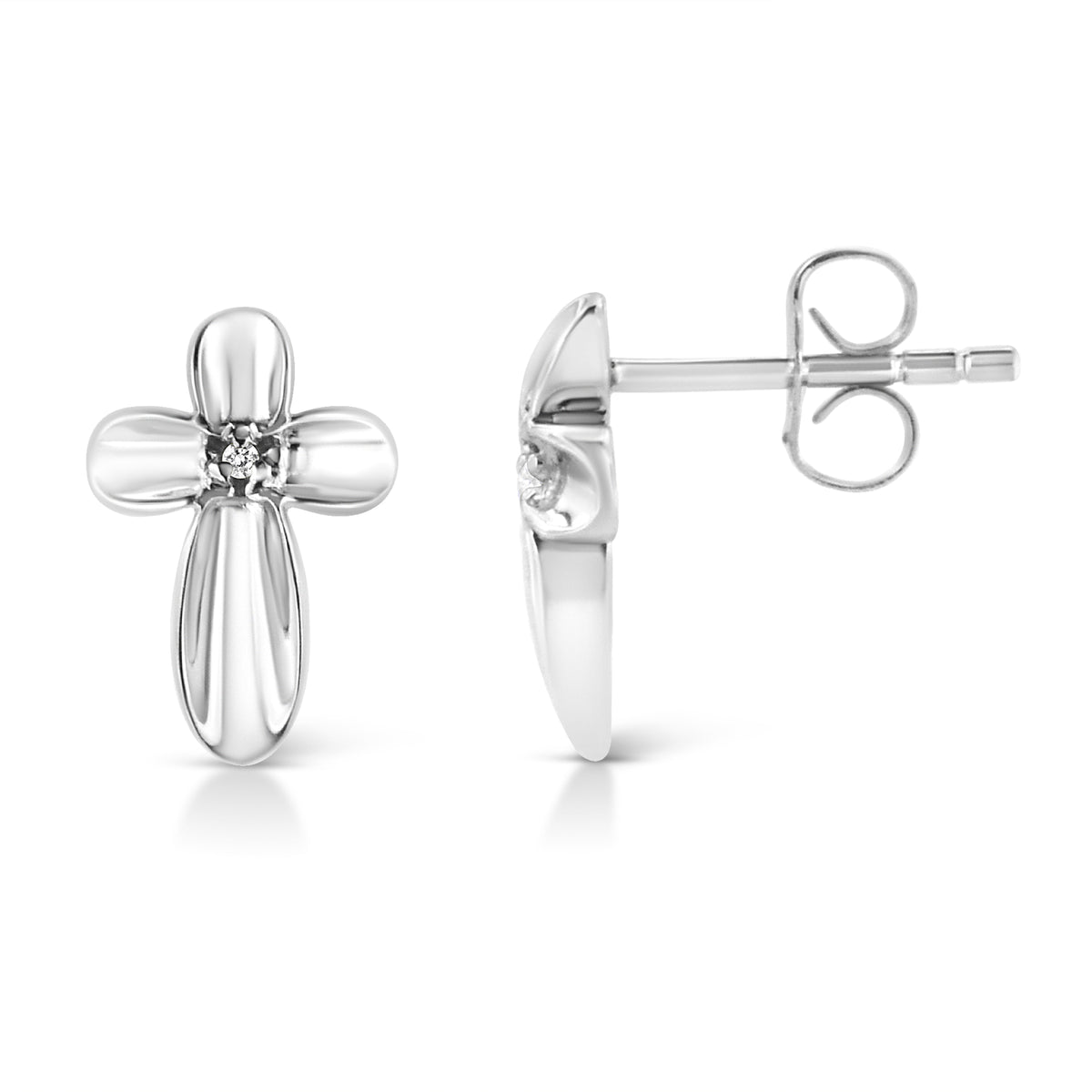 Arete de botón con cruz floral de acento de diamante engastado en plata de ley .925 (color I-J, claridad I1-I2)