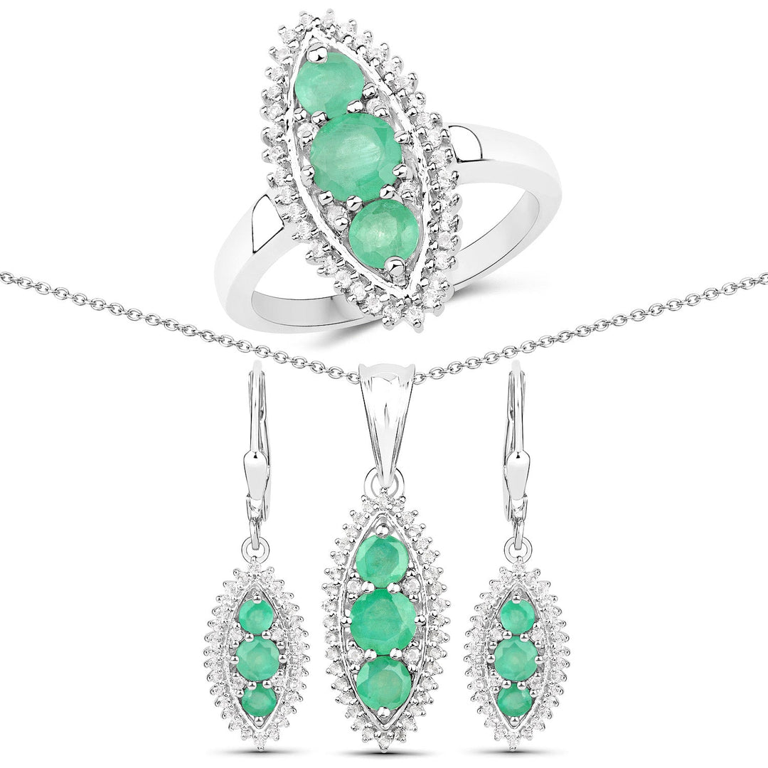 Juego de joyas de 3 piezas de plata de ley .925 con esmeralda zambiana genuina de 3.52 quilates y topacio blanco (anillo, pendientes y colgante con cadena)