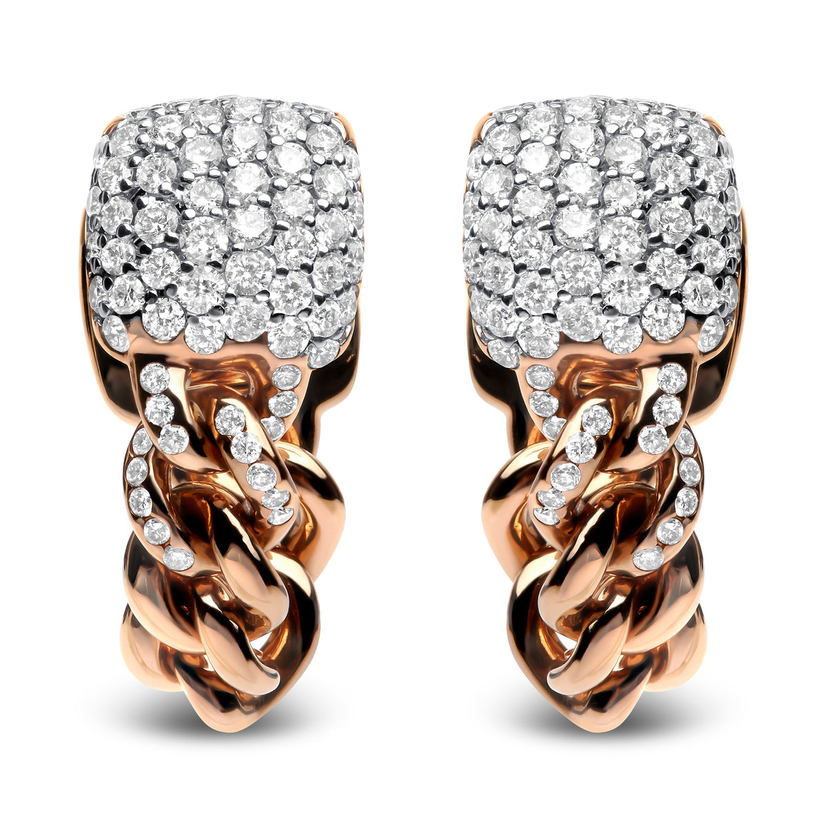 Pendientes Huggie de cadena cubana pavé con diamantes redondos de 0,75 quilates de oro rosa de 18 K (color G-H, claridad SI1-SI2)