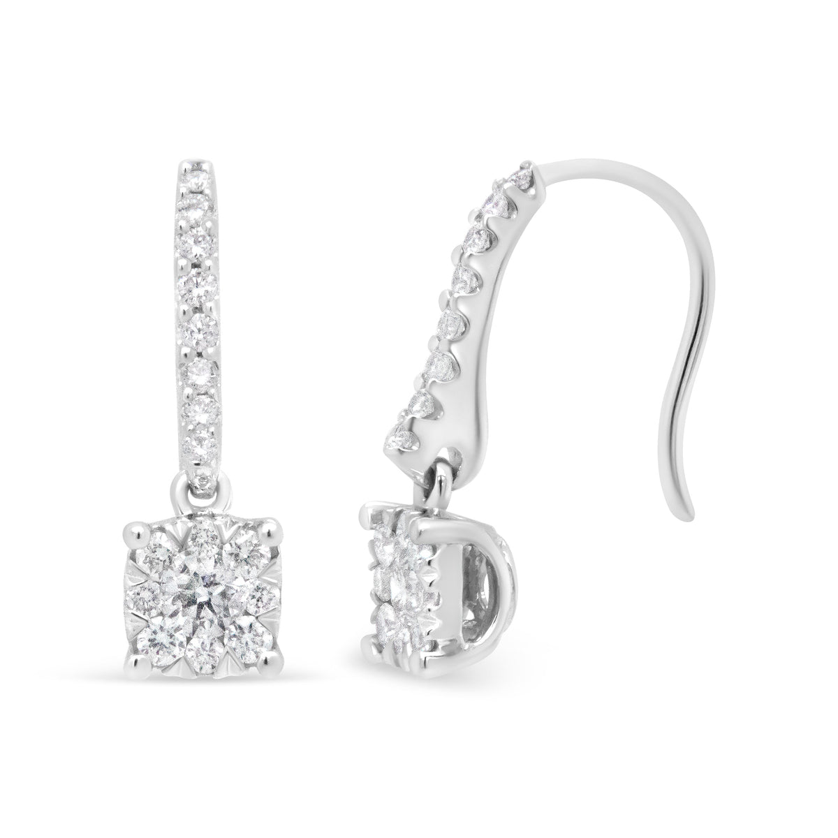 Pendientes colgantes tipo anzuelo de halo con diamante redondo de 1/2 quilate, oro blanco de 14K (color H-I, claridad SI2-I1)