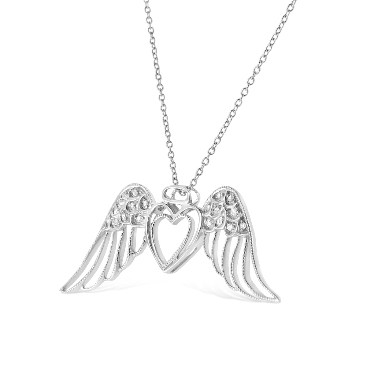 Collar con colgante de doble corazón de alas de ángel de plata de ley .925 con detalles de diamantes pavé de 45,72 cm (color I-J, claridad I1-I2)