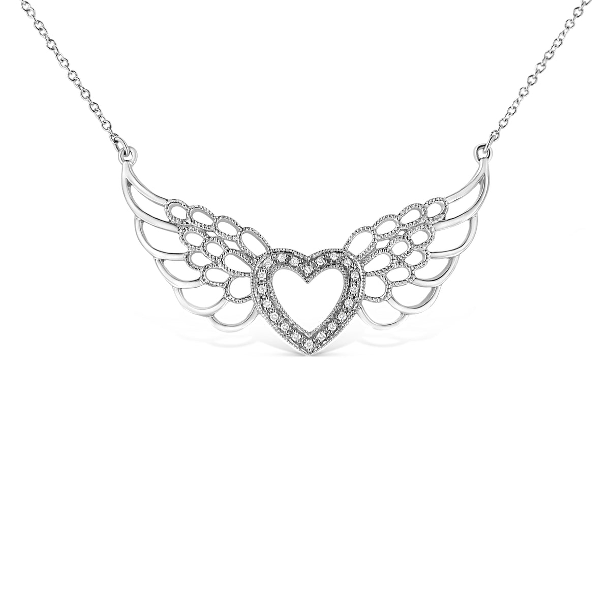 Collar con colgante de corazón y alas de hada de plata de ley .925 con detalles de diamantes pavé de 45,7 cm (color I-J, claridad I1-I2)
