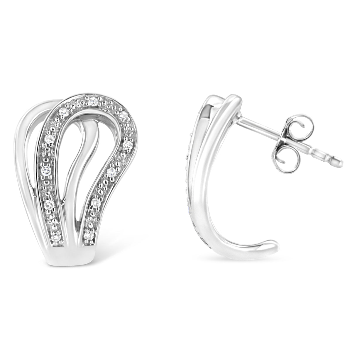 Pendientes de aro de herradura de plata de ley .925 con detalles de diamantes pavé (Color I-J, Claridad I1-I2)