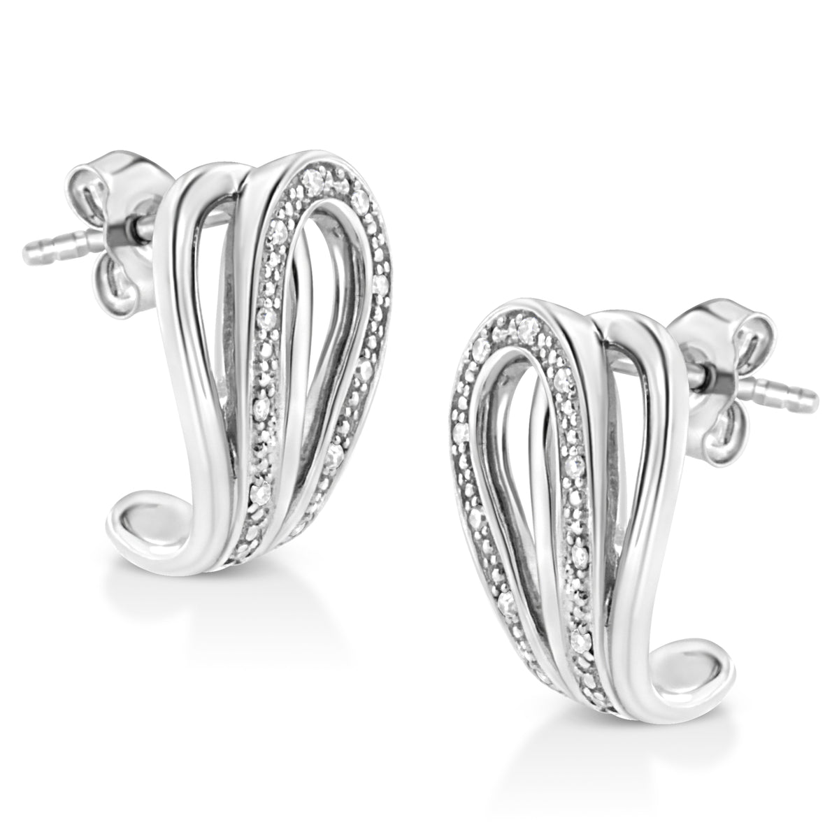 Pendientes de aro de herradura de plata de ley .925 con detalles de diamantes pavé (Color I-J, Claridad I1-I2)