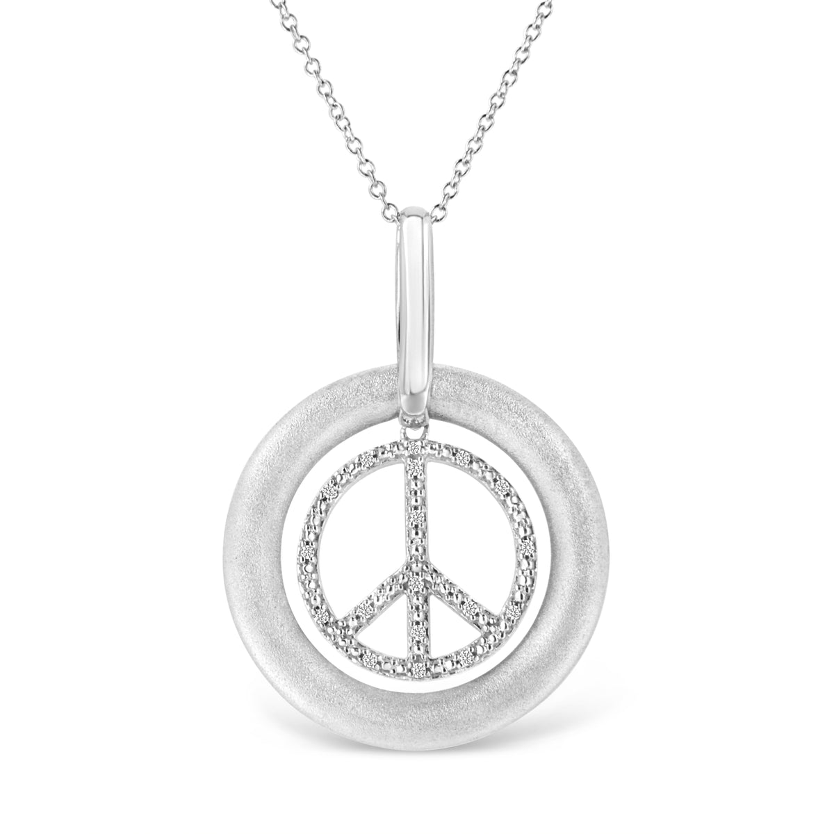 Collar con dije de 18 pulgadas de plata de ley .925 con acabado mate y acento de diamante en forma de símbolo de la paz "bailarín" (color I-J, claridad I1-I2)
