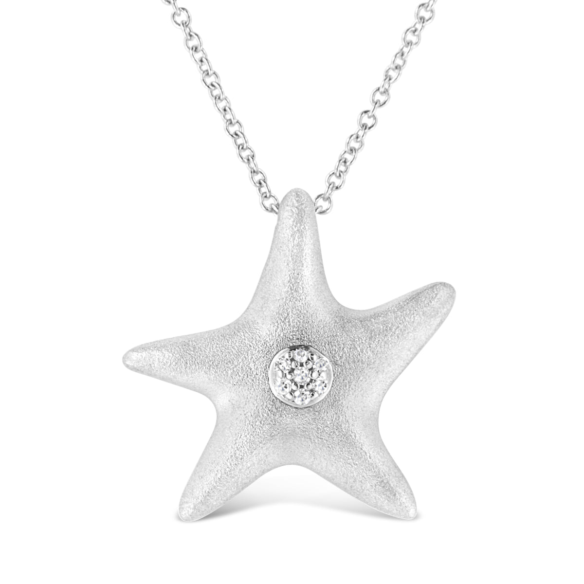 Collar con colgante de estrella de mar de plata de ley .925 con acento de diamante engastado en garra (color I-J, claridad I1-I2) - Tamaño 18"
