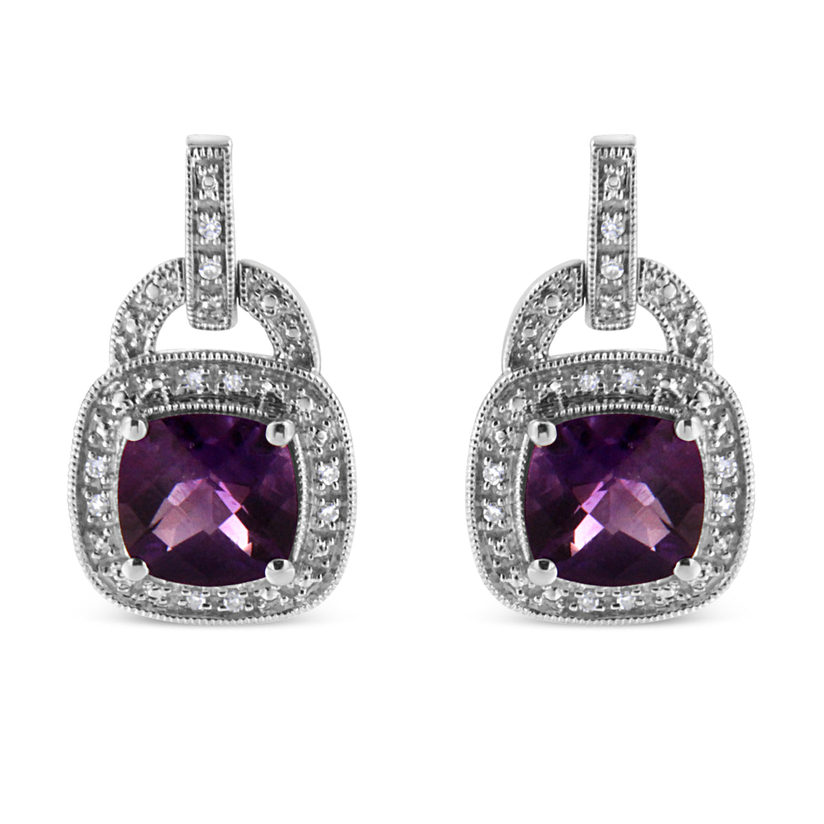 Pendientes colgantes de plata de ley .925 de 8 mm con halo de amatista natural talla cojín y acento de diamante con cierre a presión (color I-J, claridad I2-I3)