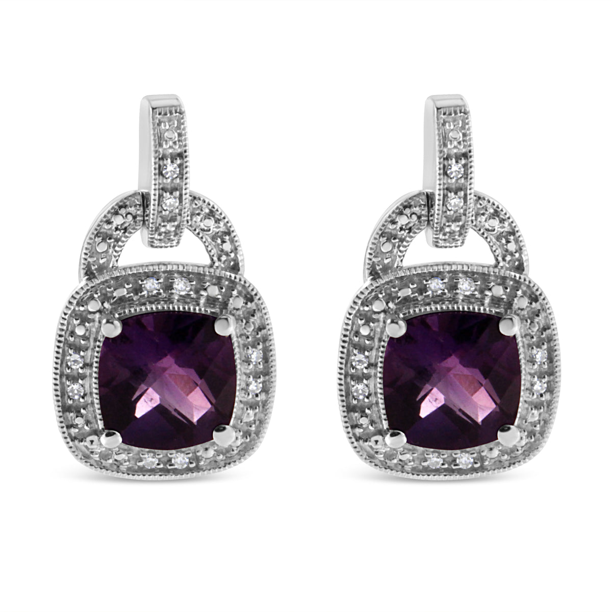 Pendientes colgantes de plata de ley .925 de 8 mm con halo de amatista natural talla cojín y acento de diamante con cierre a presión (color I-J, claridad I2-I3)