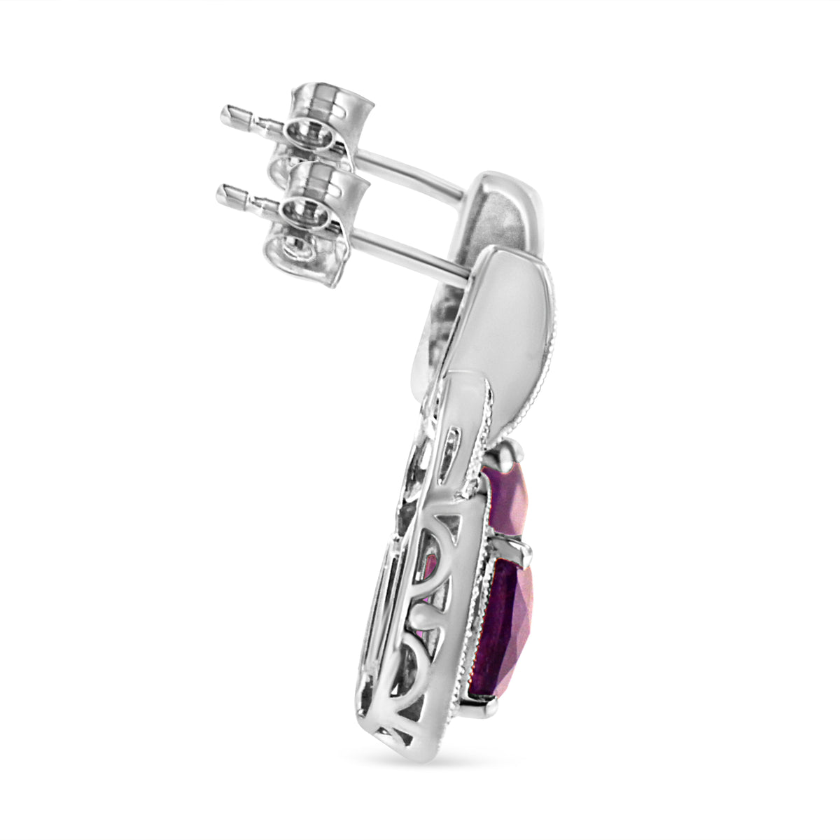 Pendientes colgantes de plata de ley .925 de 8 mm con halo de amatista natural talla cojín y acento de diamante con cierre a presión (color I-J, claridad I2-I3)