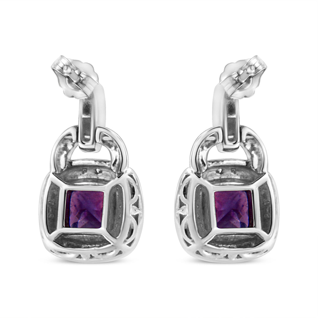 .925 Sterling Silver 8MM Natural Cushion Shaped Amethyst and Diamond Accent Halo with Push Back Dangle Earrings (I-J Color, I2-I3 Clarity)