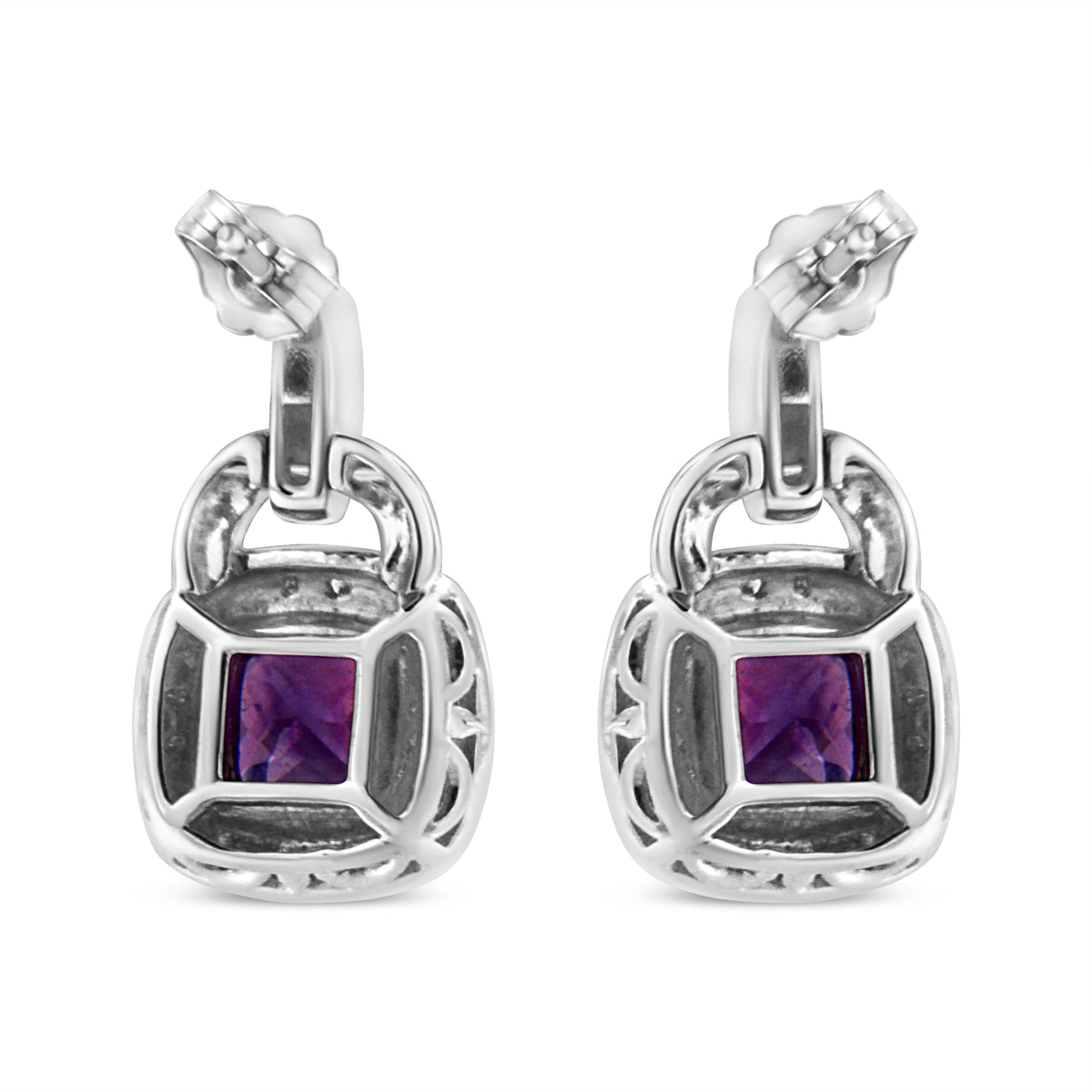 Pendientes colgantes de plata de ley .925 de 8 mm con halo de amatista natural talla cojín y acento de diamante con cierre a presión (color I-J, claridad I2-I3)