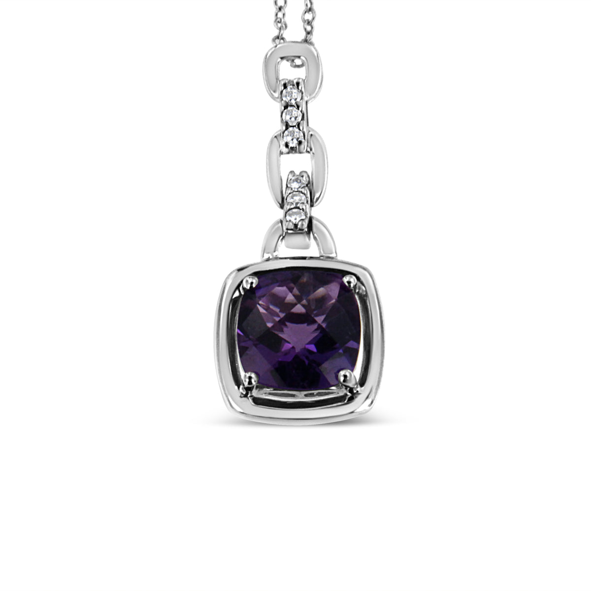 Collar con colgante de plata de ley .925 con amatista natural púrpura talla cojín de 6x6 mm y detalles de diamantes en el cierre de 18 pulgadas (color I-J, claridad I1-I2)