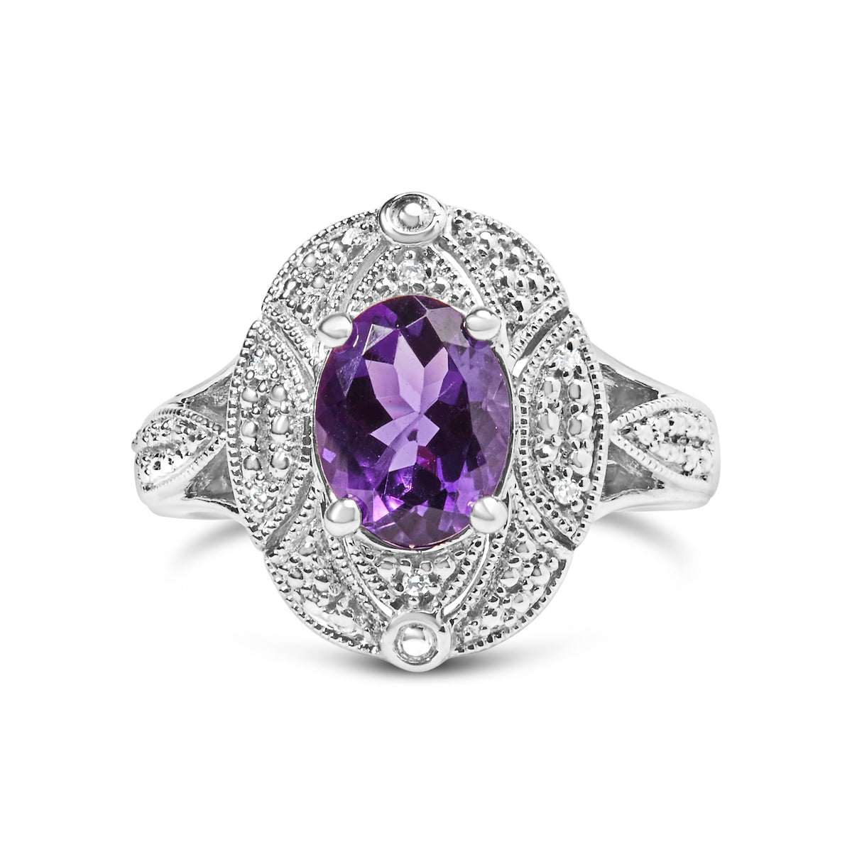 Anillo de cóctel de estilo art déco con amatista morada ovalada de 9x7 mm y detalles de diamantes en plata de ley .925 (color I-J, claridad I1-I2) - Talla 6