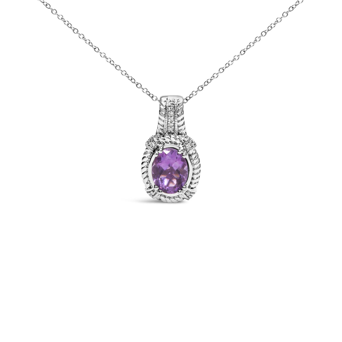 Colgante de gota de moda de plata de ley .925 con amatista morada ovalada de 9x7 mm y acentos de diamantes redondos, collar de 18 pulgadas (color I-J, claridad I1-I2)