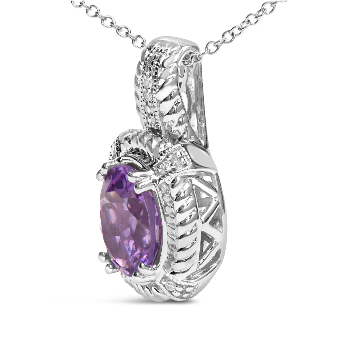 Colgante de gota de moda de plata de ley .925 con amatista morada ovalada de 9x7 mm y acentos de diamantes redondos, collar de 18 pulgadas (color I-J, claridad I1-I2)