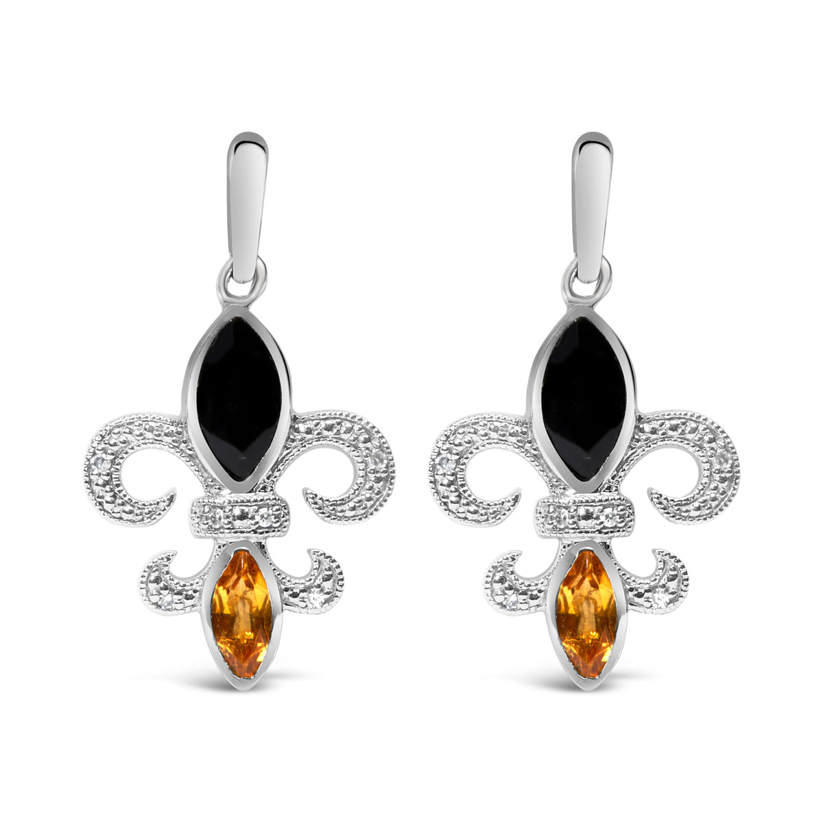 Pendientes colgantes de plata de ley .925 con forma de flor de lis, ónix y citrino talla marquesa con acento de diamante (color H-I, claridad SI1-SI2)
