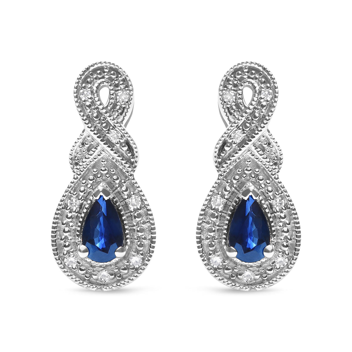 Pendientes de gota de plata de ley .925 con gema de zafiro en forma de pera de 4.5 x 3 mm y acento de diamante de infinito (color H-I, claridad SI1-SI2)