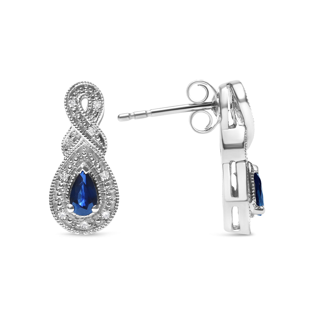 Pendientes de gota de plata de ley .925 con gema de zafiro en forma de pera de 4.5 x 3 mm y acento de diamante de infinito (color H-I, claridad SI1-SI2)