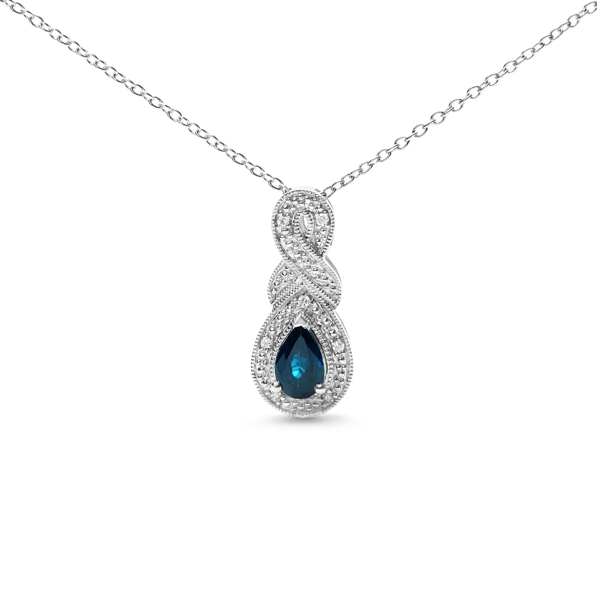 Collar con colgante de plata de ley .925 con forma de pera de 6x4 mm con zafiro y detalles de diamante en forma de infinito, 45 cm (color H-I, claridad SI1-SI2)