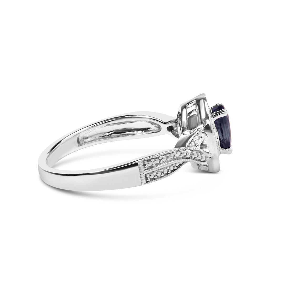 Anillo de halo de moda de plata de ley .925 con gema de zafiro en forma de pera de 6x4 mm y acento de diamante (color H-I, claridad SI1-SI2) - Talla 7.5