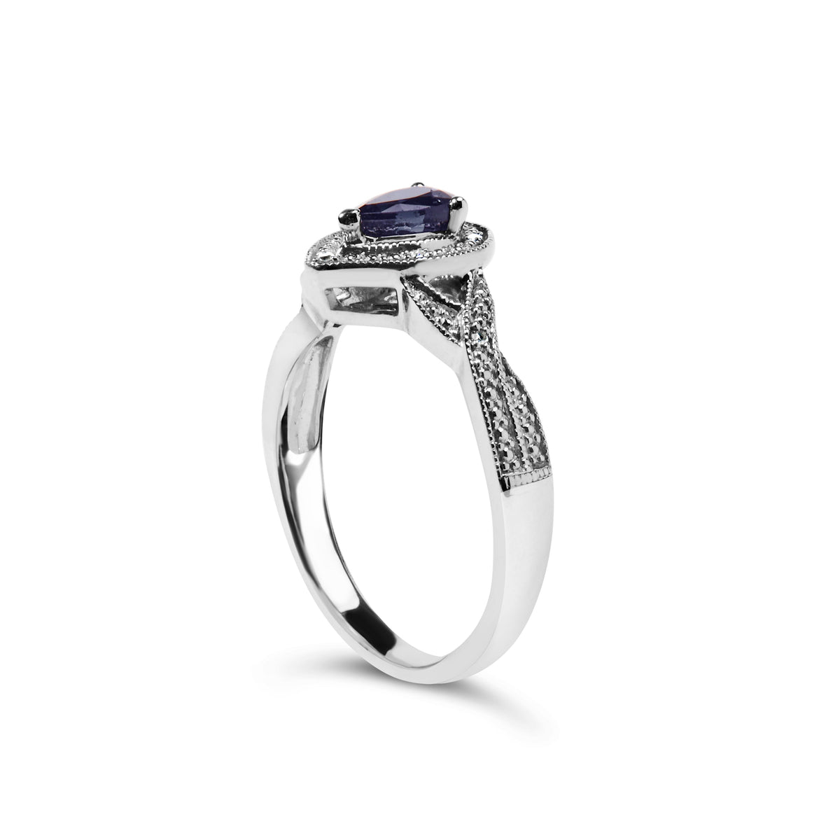 Anillo de halo de moda de plata de ley .925 con gema de zafiro en forma de pera de 6x4 mm y acento de diamante (color H-I, claridad SI1-SI2) - Talla 7.5