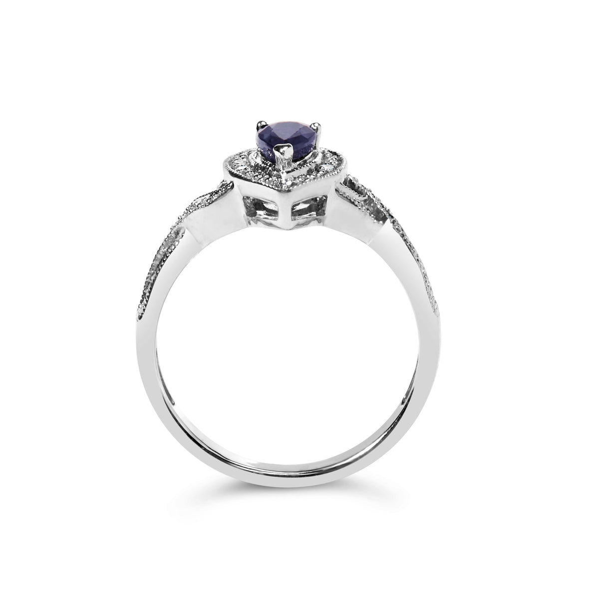 Anillo de halo de moda de plata de ley .925 con gema de zafiro en forma de pera de 6x4 mm y acento de diamante (color H-I, claridad SI1-SI2) - Talla 7.5