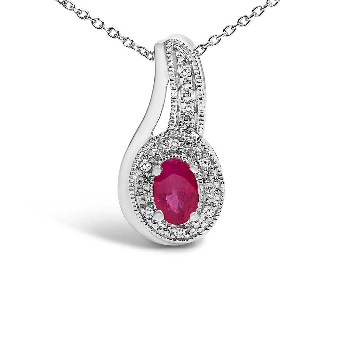 Collar con colgante de remolino milgrain de plata de ley .925 con rubí rojo y acentos de diamante - 18 pulgadas