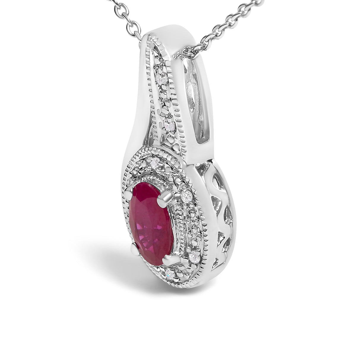 Collar con colgante de remolino milgrain de plata de ley .925 con rubí rojo y acentos de diamante - 18 pulgadas