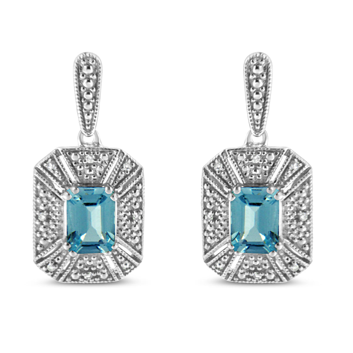 Pendientes colgantes de plata de ley .925 con topacio azul talla esmeralda de 7x5 mm y detalles de diamantes estilo art déco (Color I-J, Claridad I1-I2)