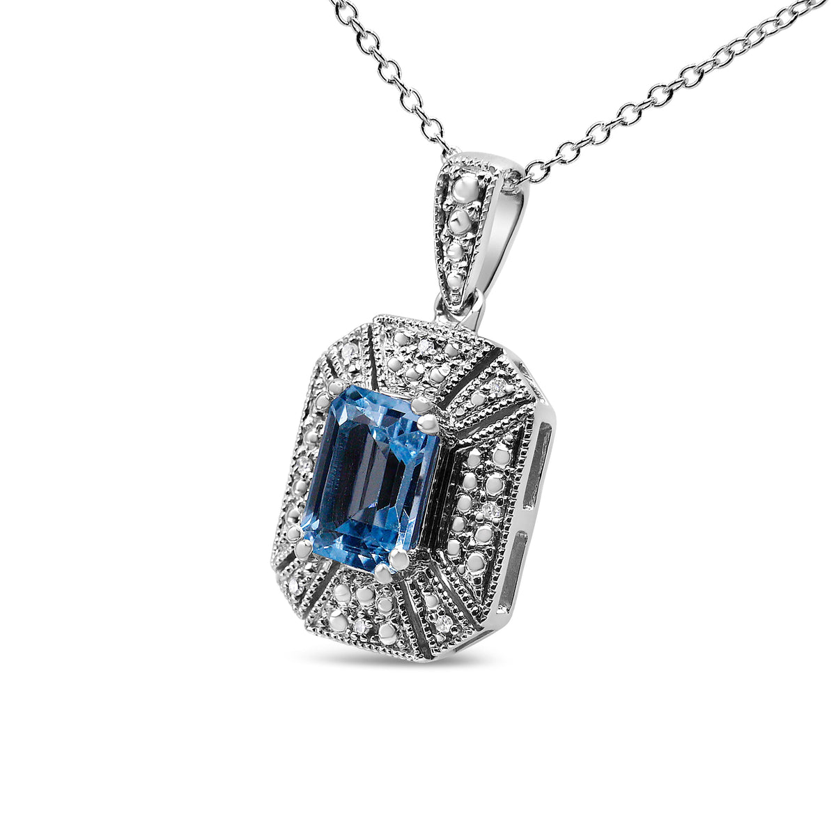 Collar con colgante de 45 cm de plata de ley 925 con topacio azul y acento de diamantes estilo art déco (Color I-J, Claridad I1-I2)
