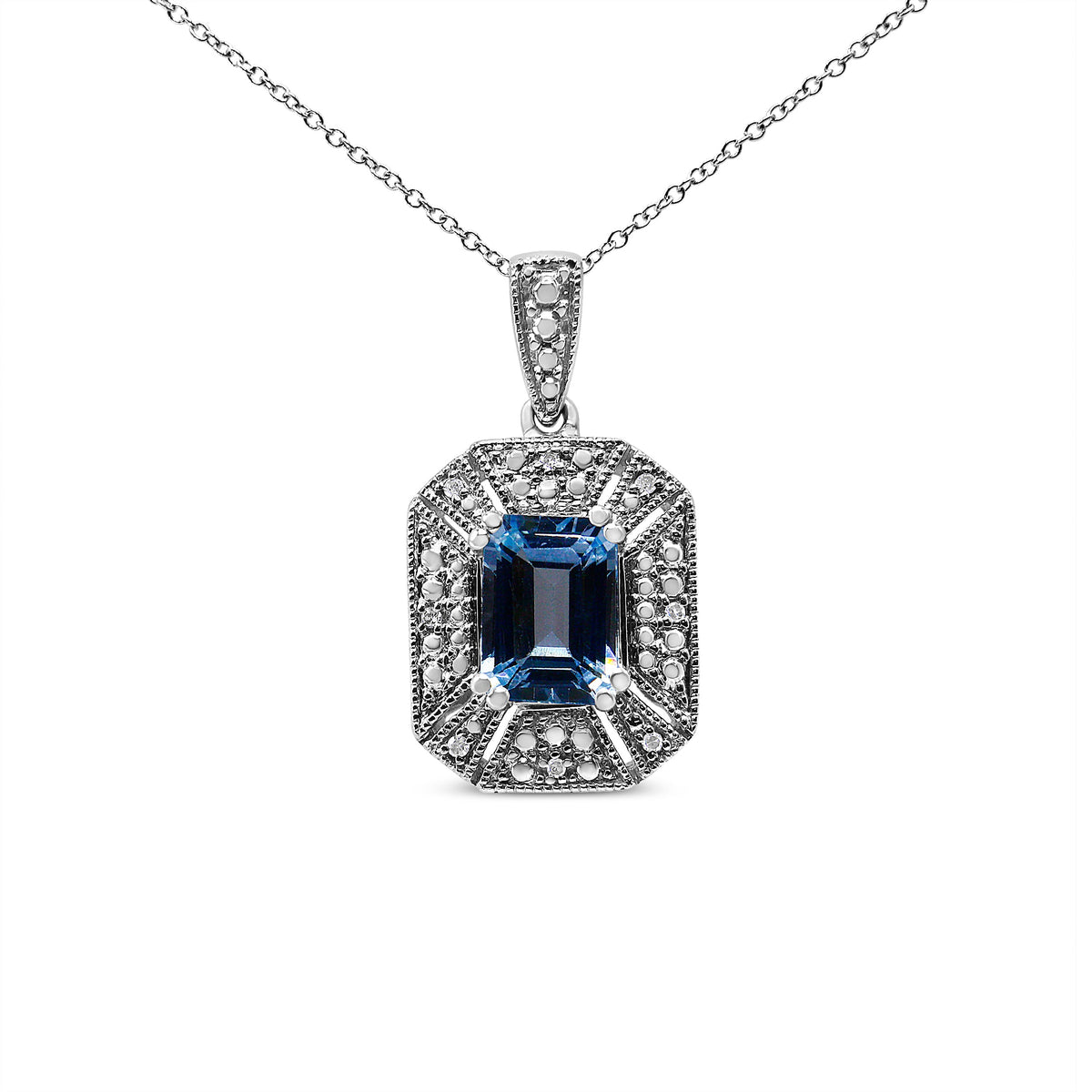Collar con colgante de 45 cm de plata de ley 925 con topacio azul y acento de diamantes estilo art déco (Color I-J, Claridad I1-I2)