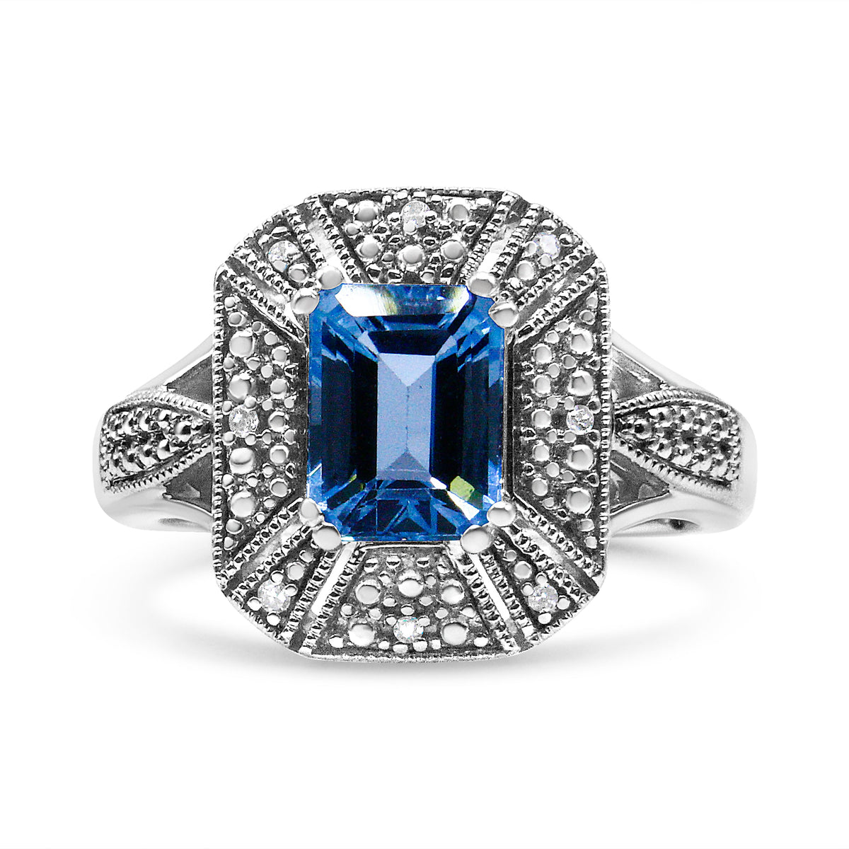 Anillo de plata de ley .925 con detalles de diamantes y topacio azul talla esmeralda de 8x6 mm (color I-J, claridad I2-I3) - Talla de anillo 7
