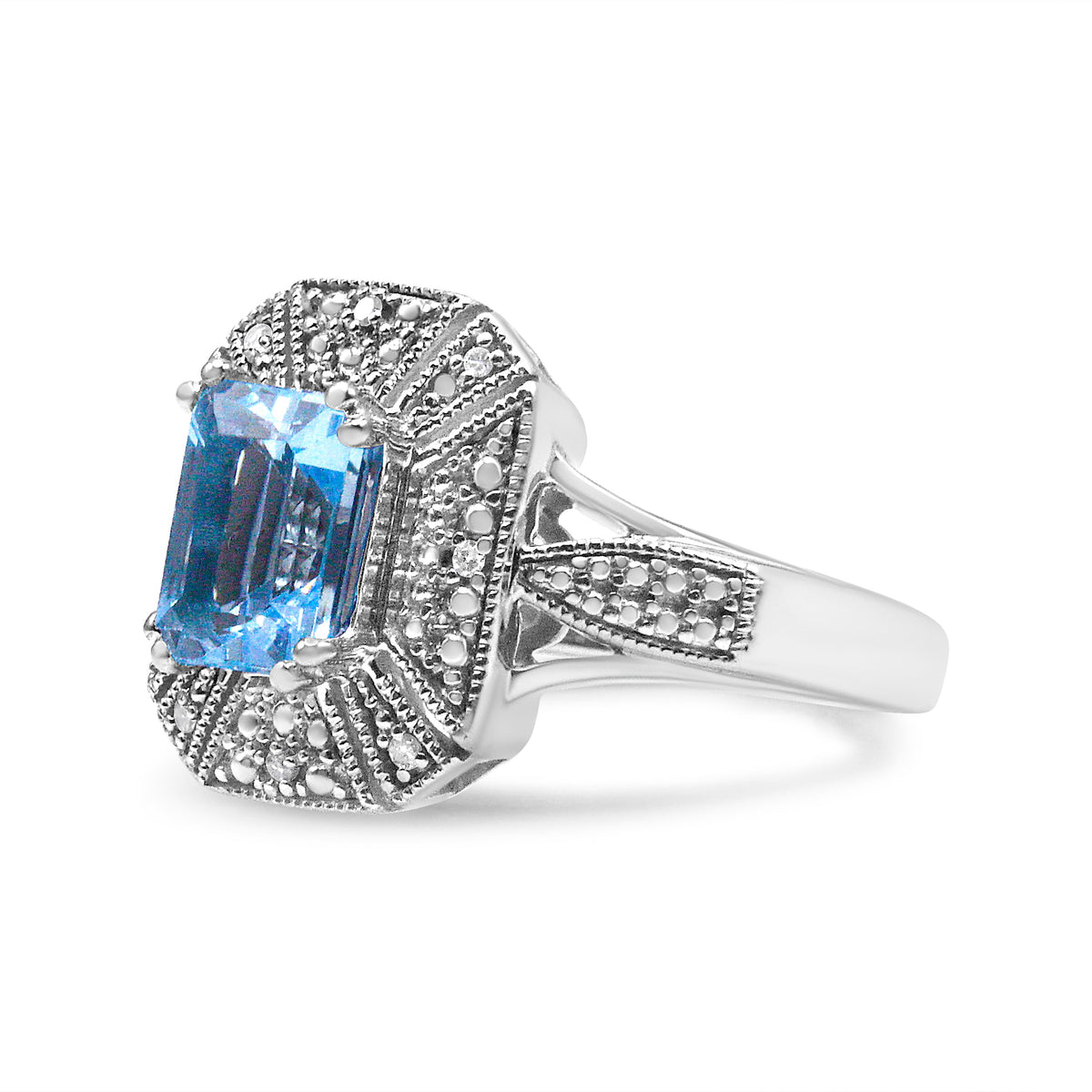 Anillo de plata de ley .925 con detalles de diamantes y topacio azul talla esmeralda de 8x6 mm (color I-J, claridad I2-I3) - Talla de anillo 7