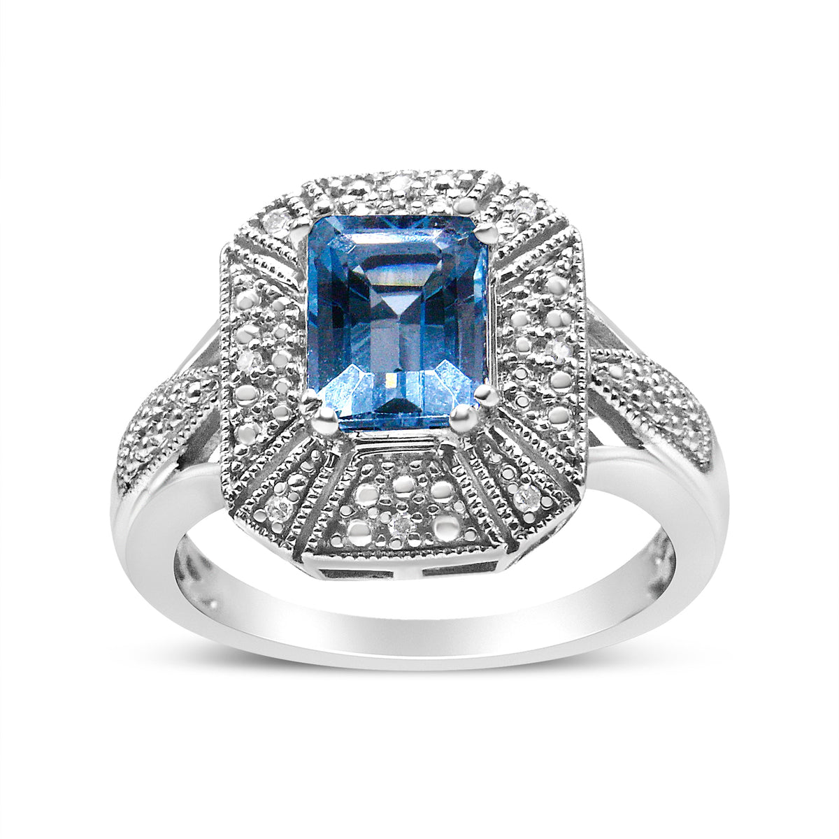 Anillo de plata de ley .925 con detalles de diamantes y topacio azul talla esmeralda de 8x6 mm (color I-J, claridad I2-I3) - Talla de anillo 7