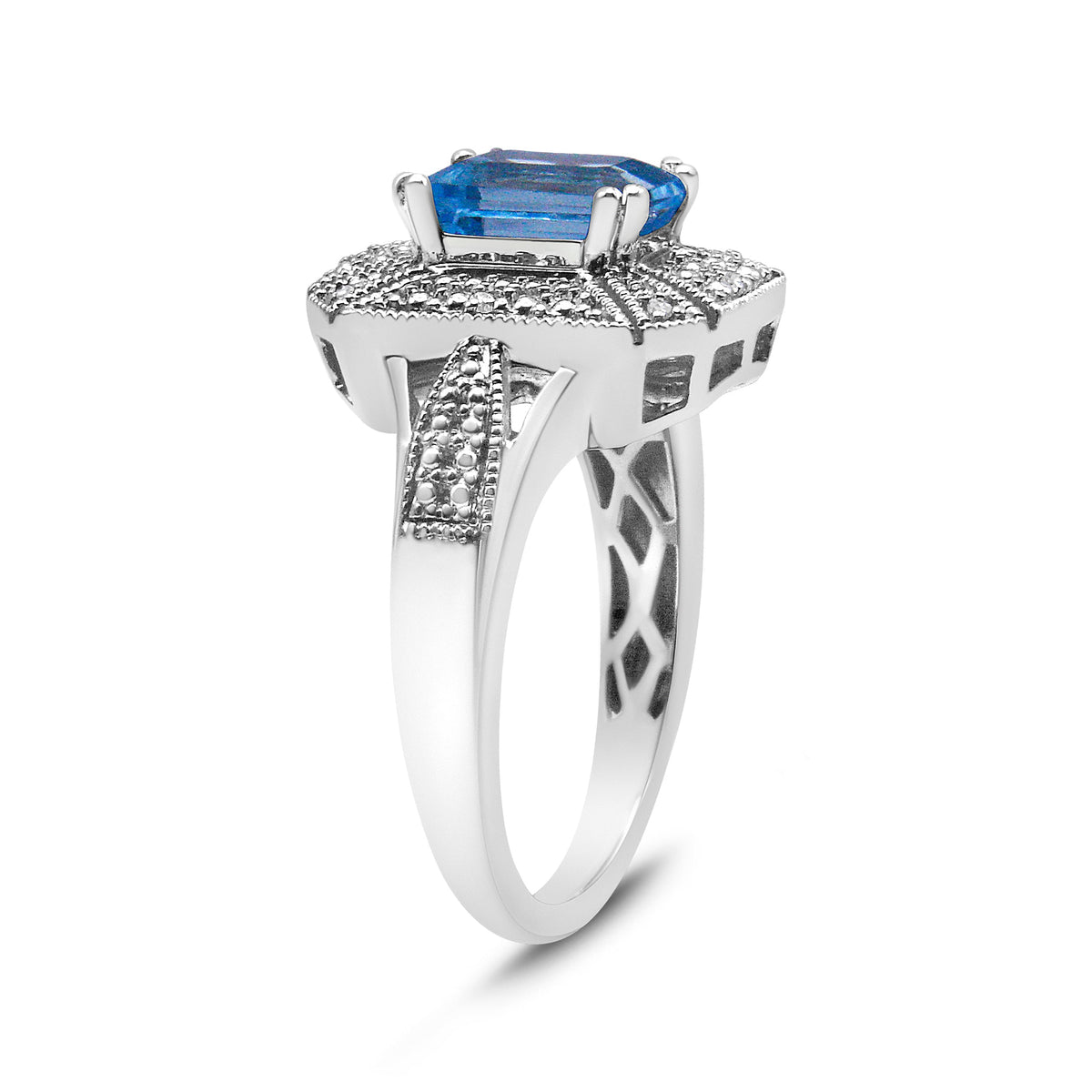 Anillo de plata de ley .925 con detalles de diamantes y topacio azul talla esmeralda de 8x6 mm (color I-J, claridad I2-I3) - Talla de anillo 7