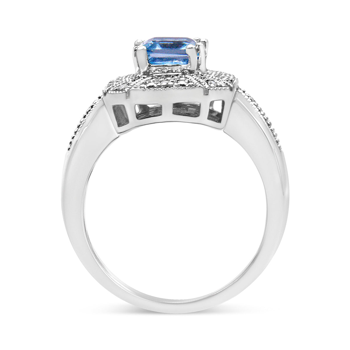 Anillo de plata de ley .925 con detalles de diamantes y topacio azul talla esmeralda de 8x6 mm (color I-J, claridad I2-I3) - Talla de anillo 7