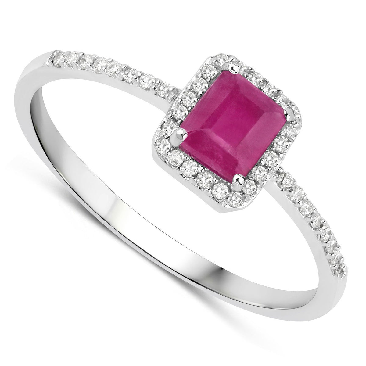 Anillo de oro blanco de 14K con rubí genuino de 0,58 quilates y diamantes blancos